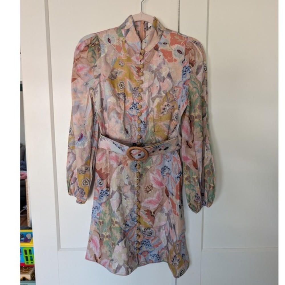 NWOT $950 Zimmermann Illustration Buttoned Belted Floral Linen Mini Dress size 0 - Picture 2 of 9